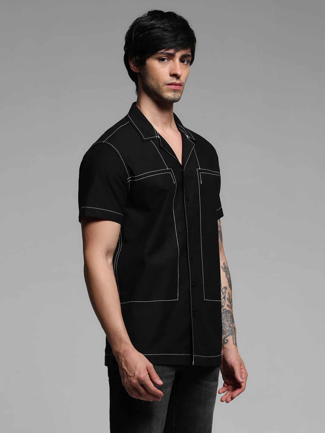 Black Contrast Stitch Short Sleeves Shirt - Image 3