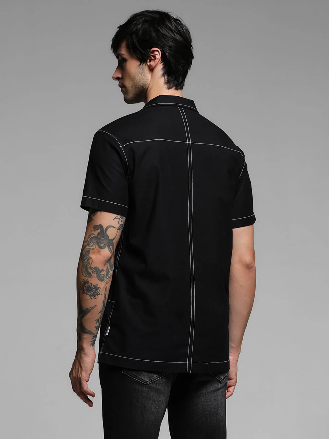 Black Contrast Stitch Short Sleeves Shirt - Image 4