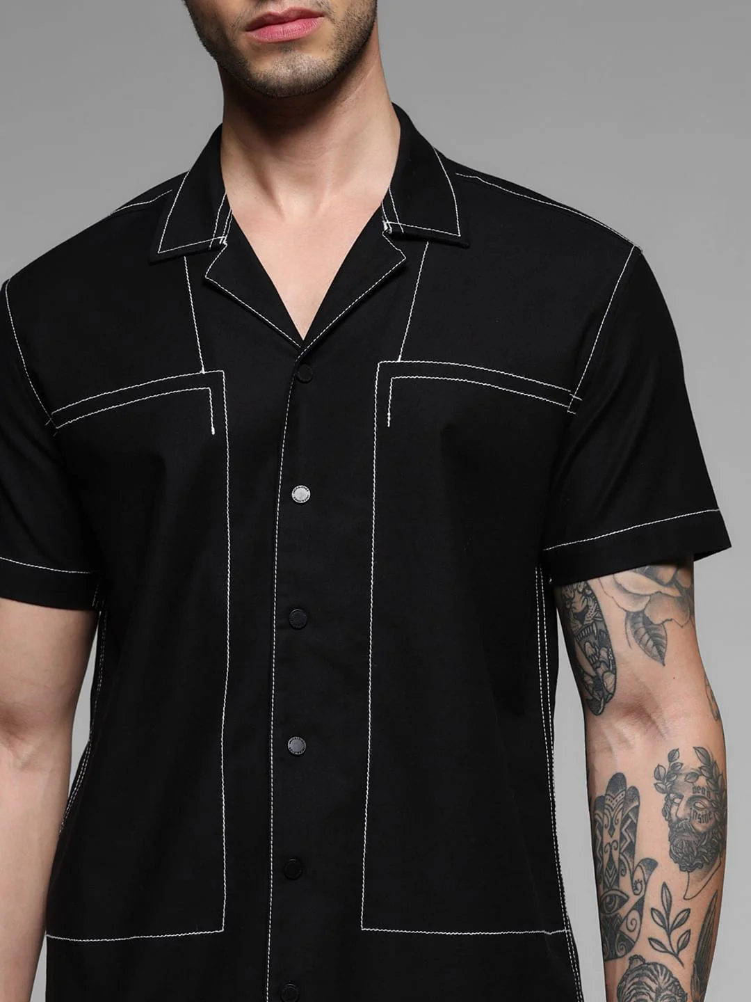 Black Contrast Stitch Short Sleeves Shirt - Image 5