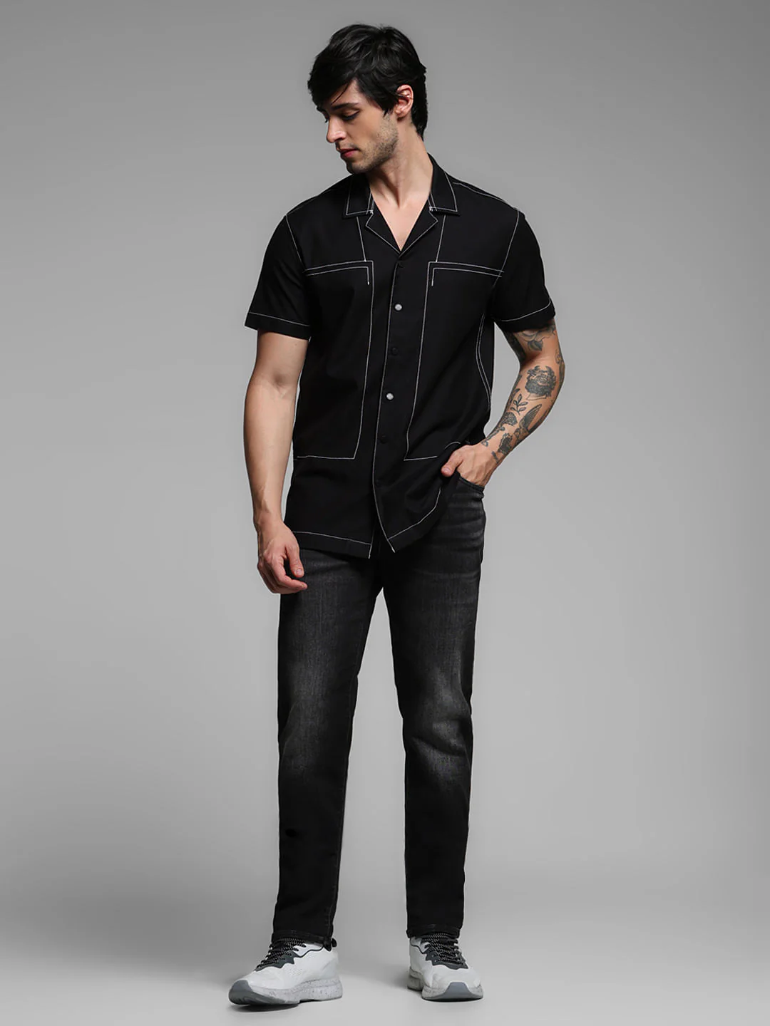Black Contrast Stitch Short Sleeves Shirt - Image 6