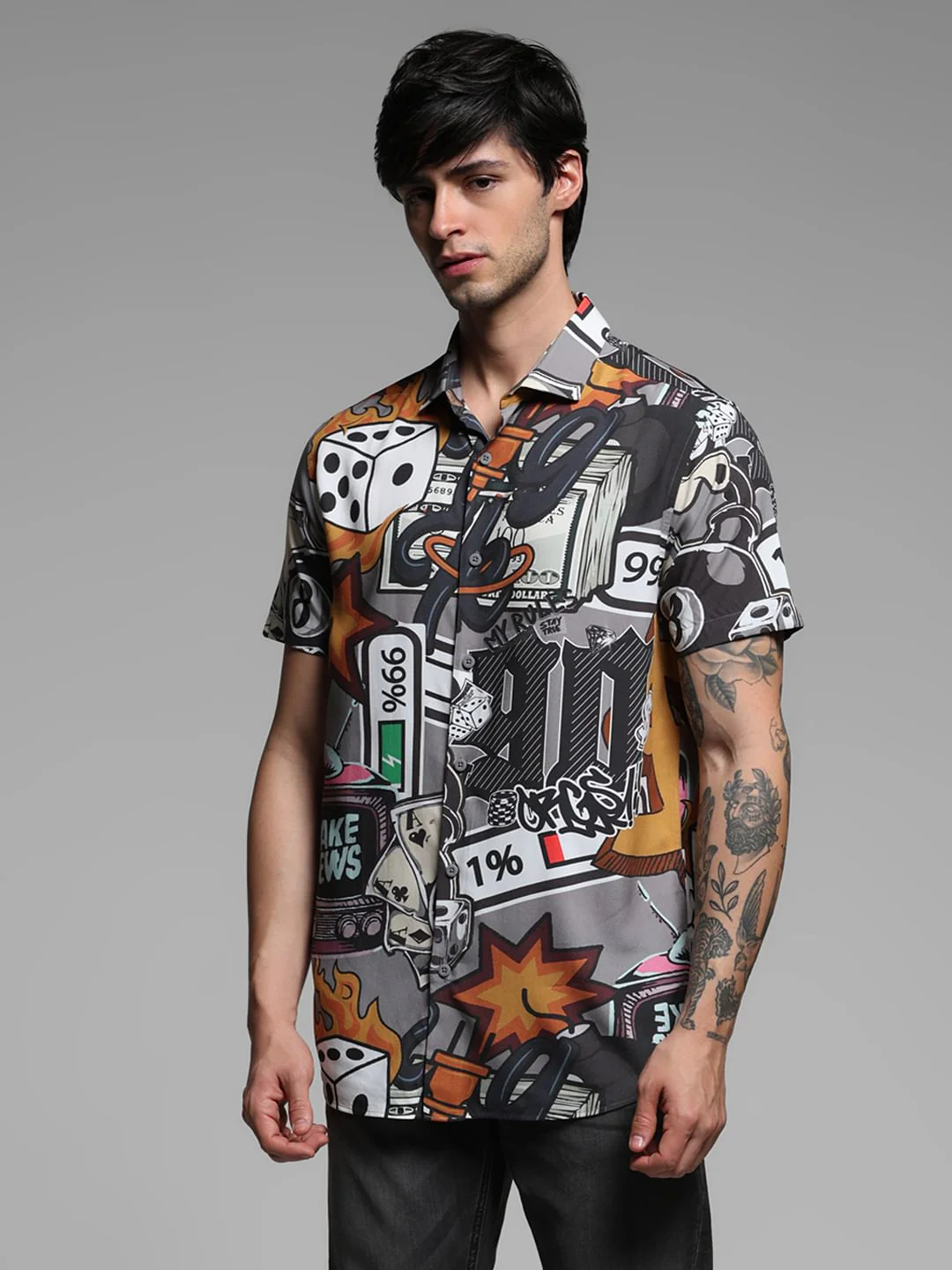 Grey Graphic Print Short Sleeves Shirt - Image 2