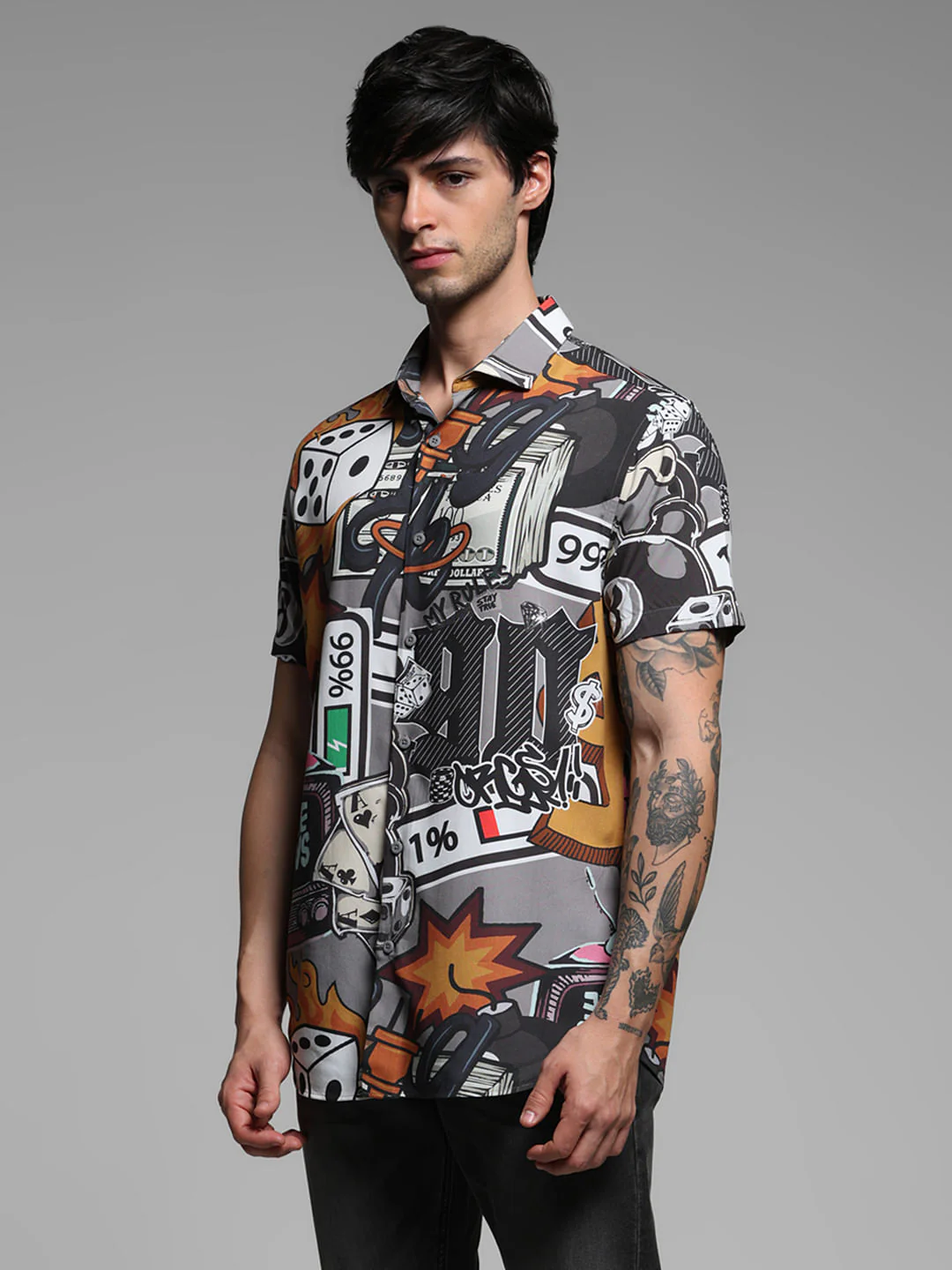 Grey Graphic Print Short Sleeves Shirt - Image 3