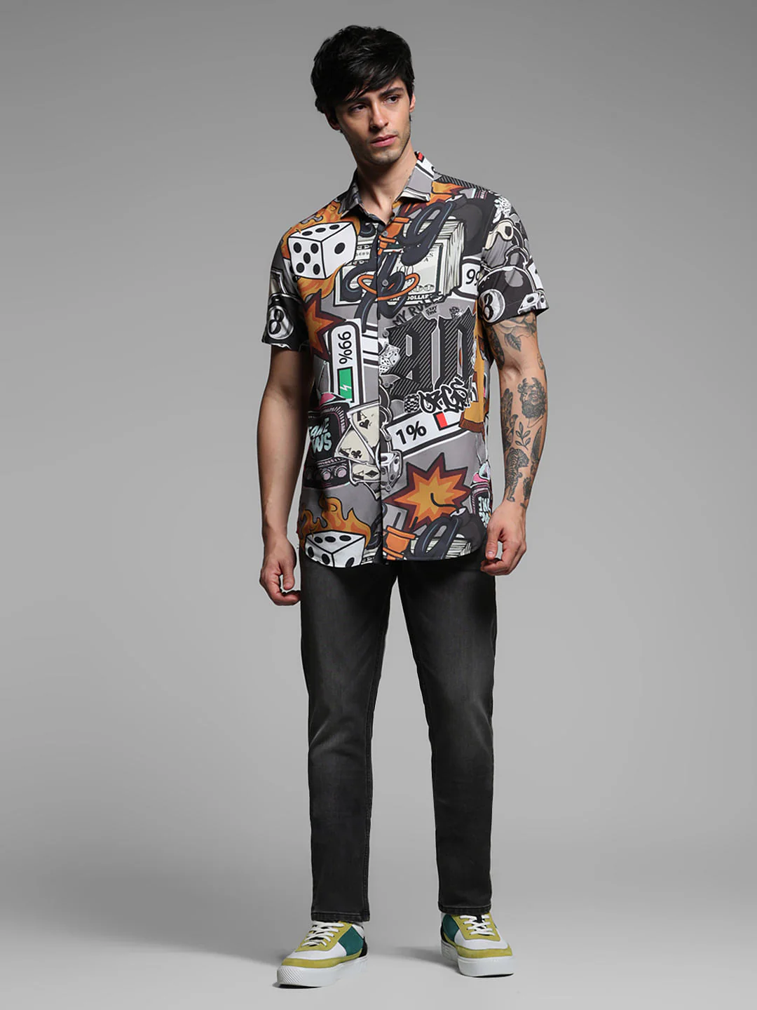 Grey Graphic Print Short Sleeves Shirt - Image 6