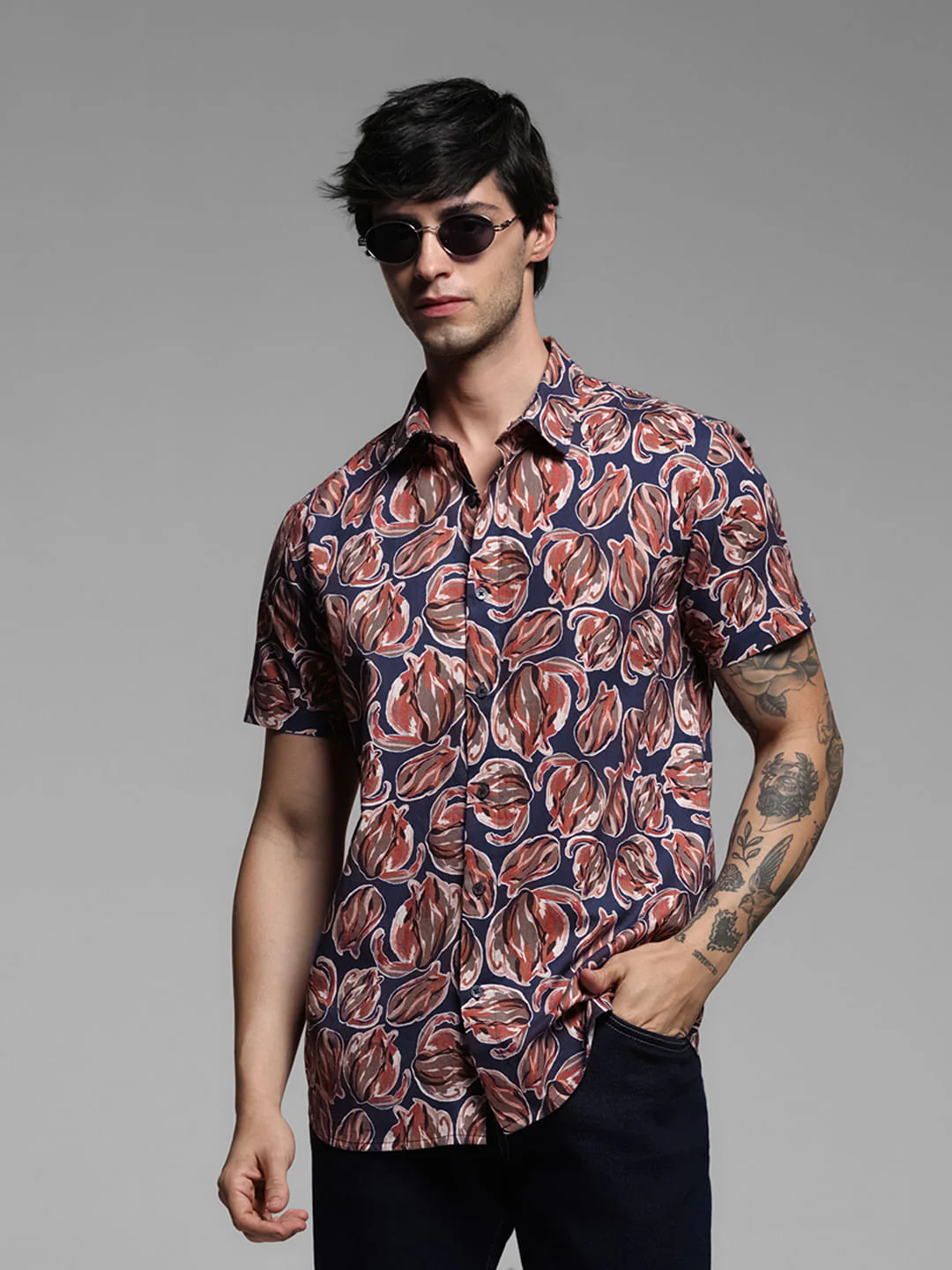 Blue Printed Short Sleeves Shirt