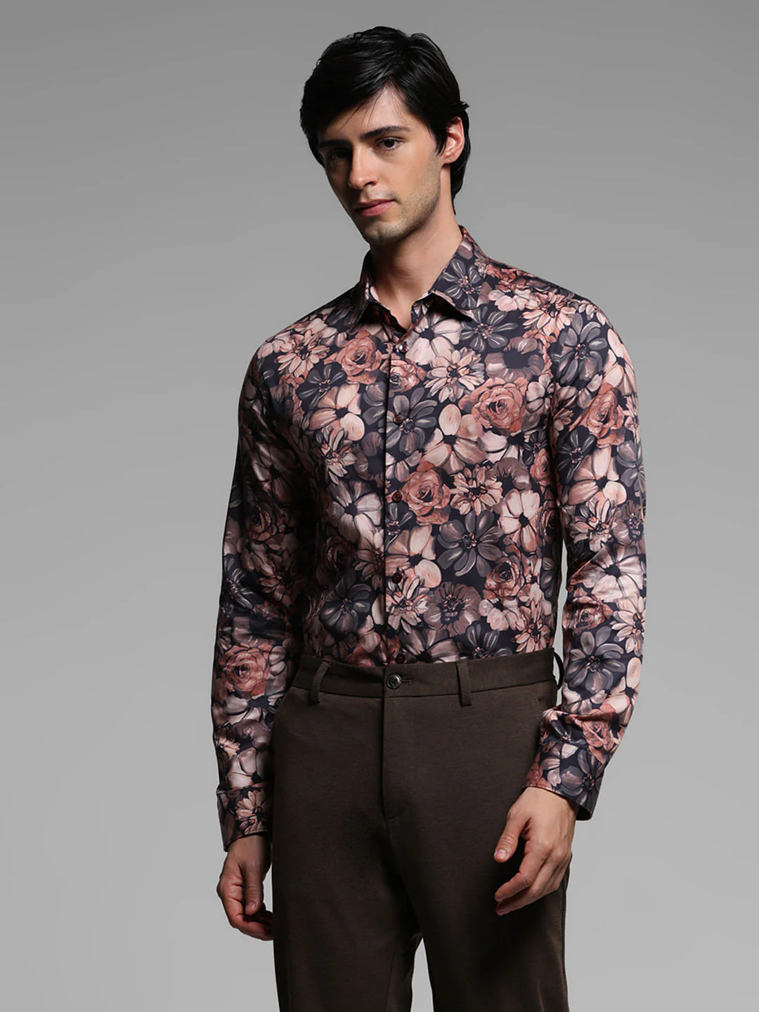 Brown Floral Cotton Full Sleeves Shirt - Image 2