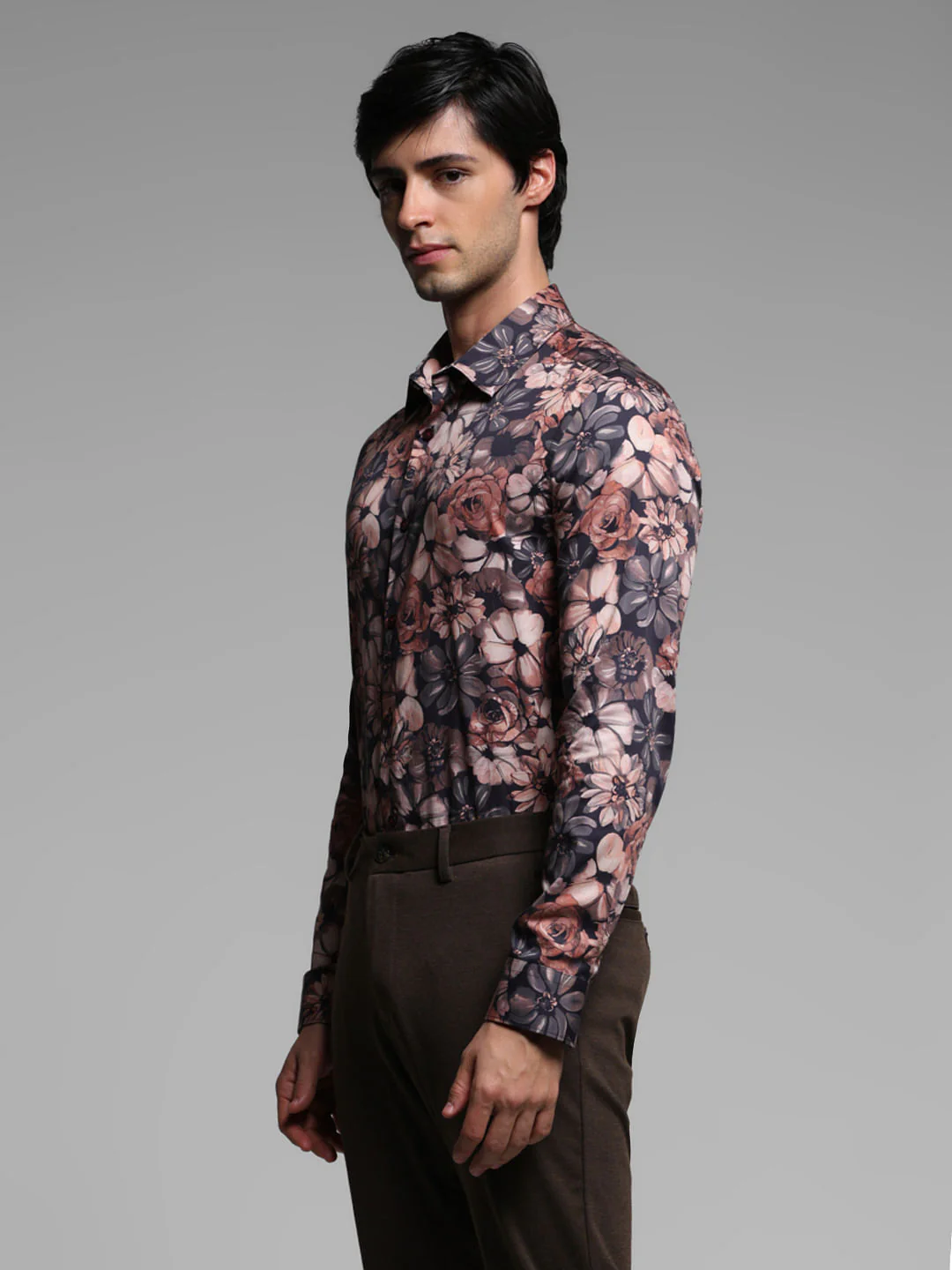 Brown Floral Cotton Full Sleeves Shirt - Image 3