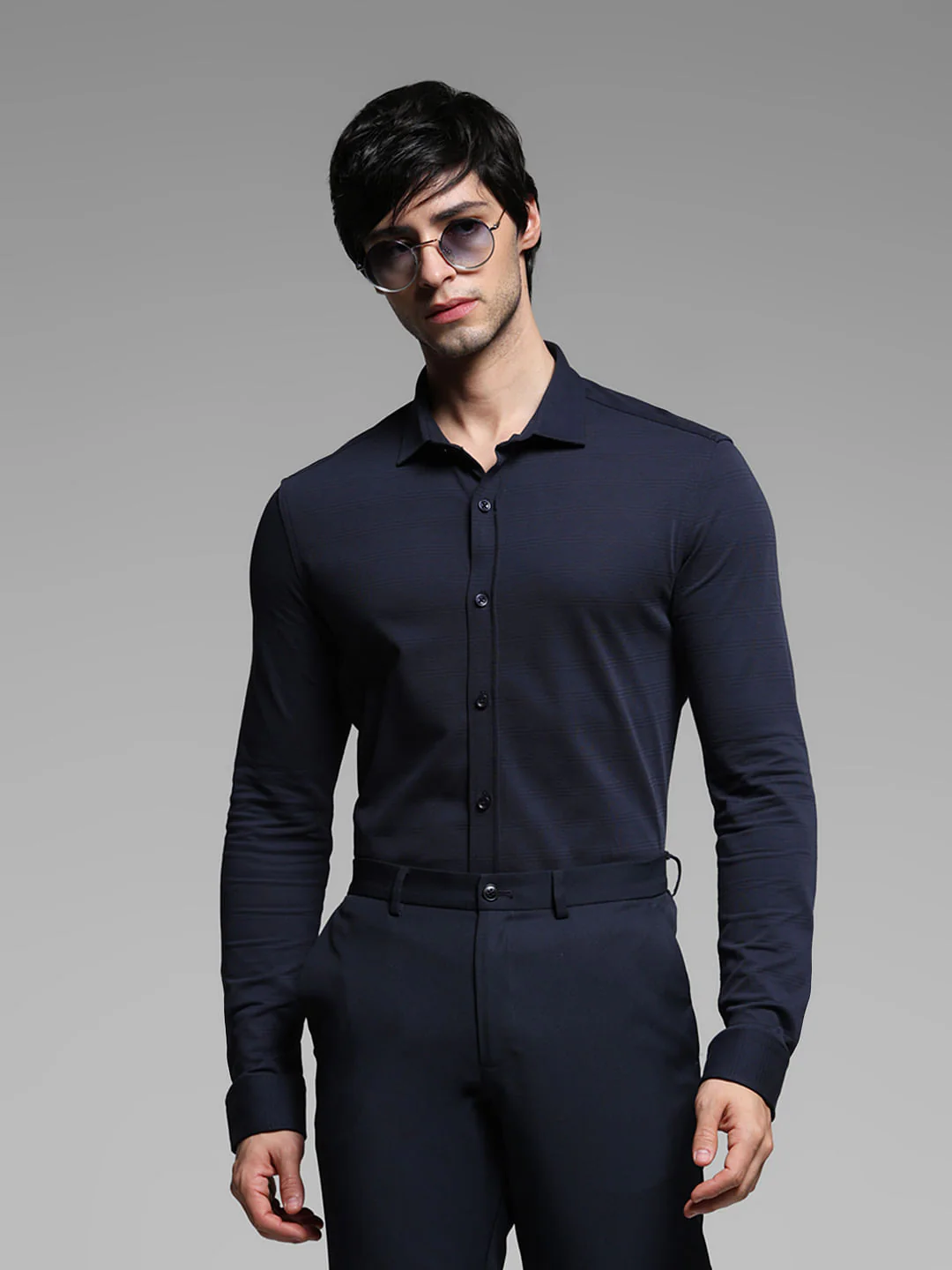 Blue Knitted Dobby Cotton Shirt