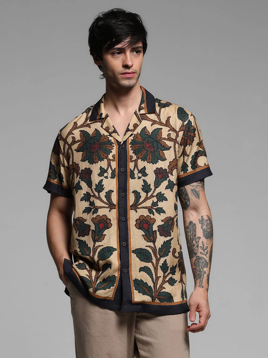Beige Printed Short Sleeves Shirt - Image 2