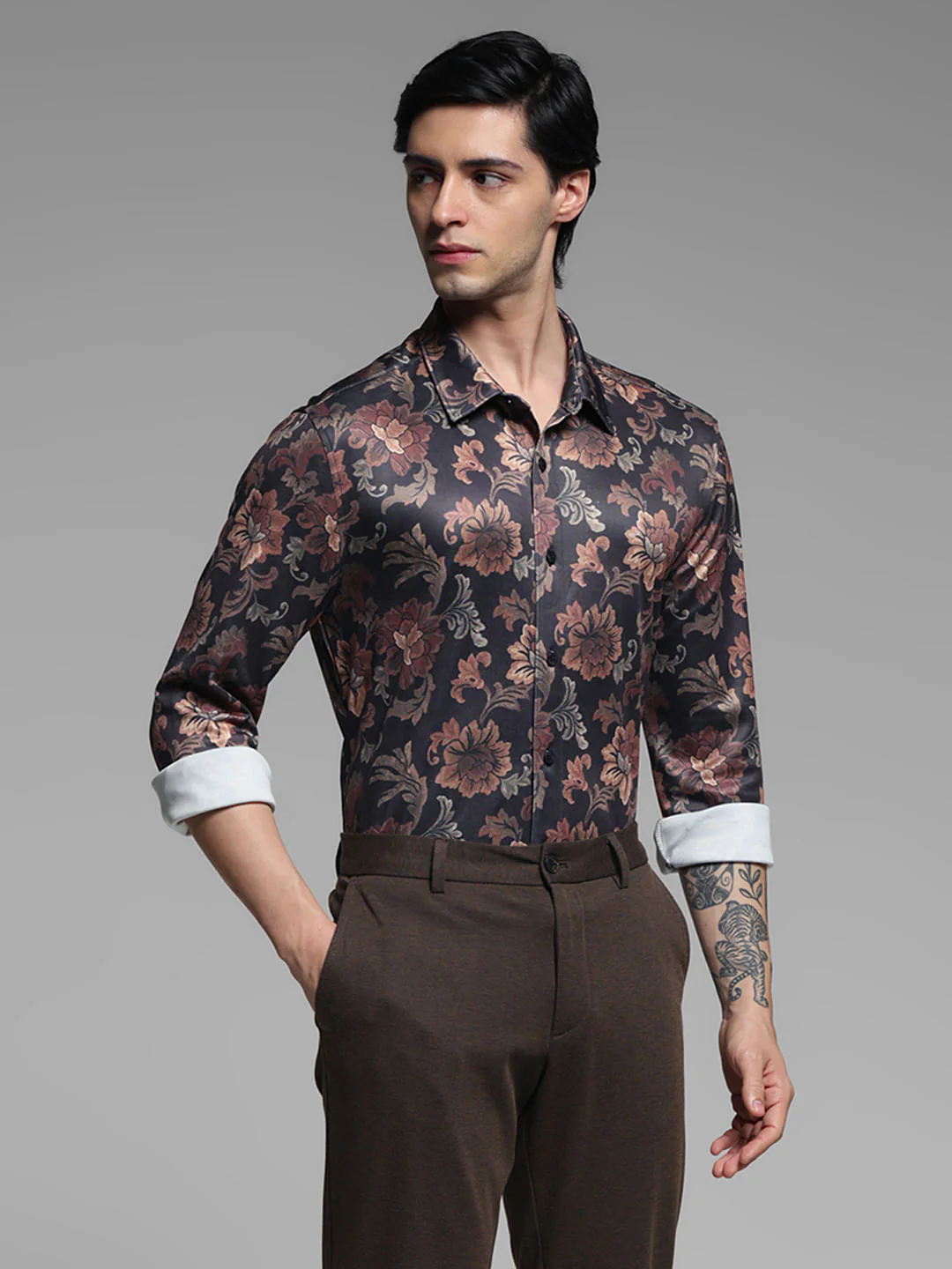 Brown Floral Print Knitted Shirt - Image 2