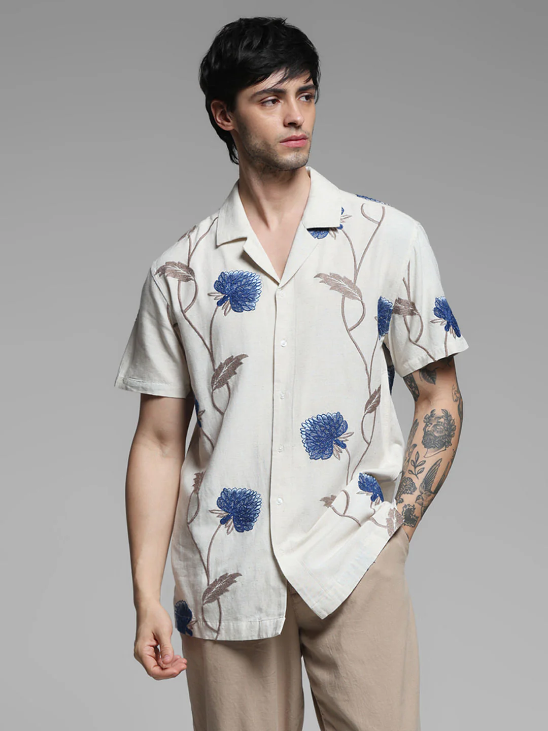 Light Brown Linen Floral Shirt - Image 2