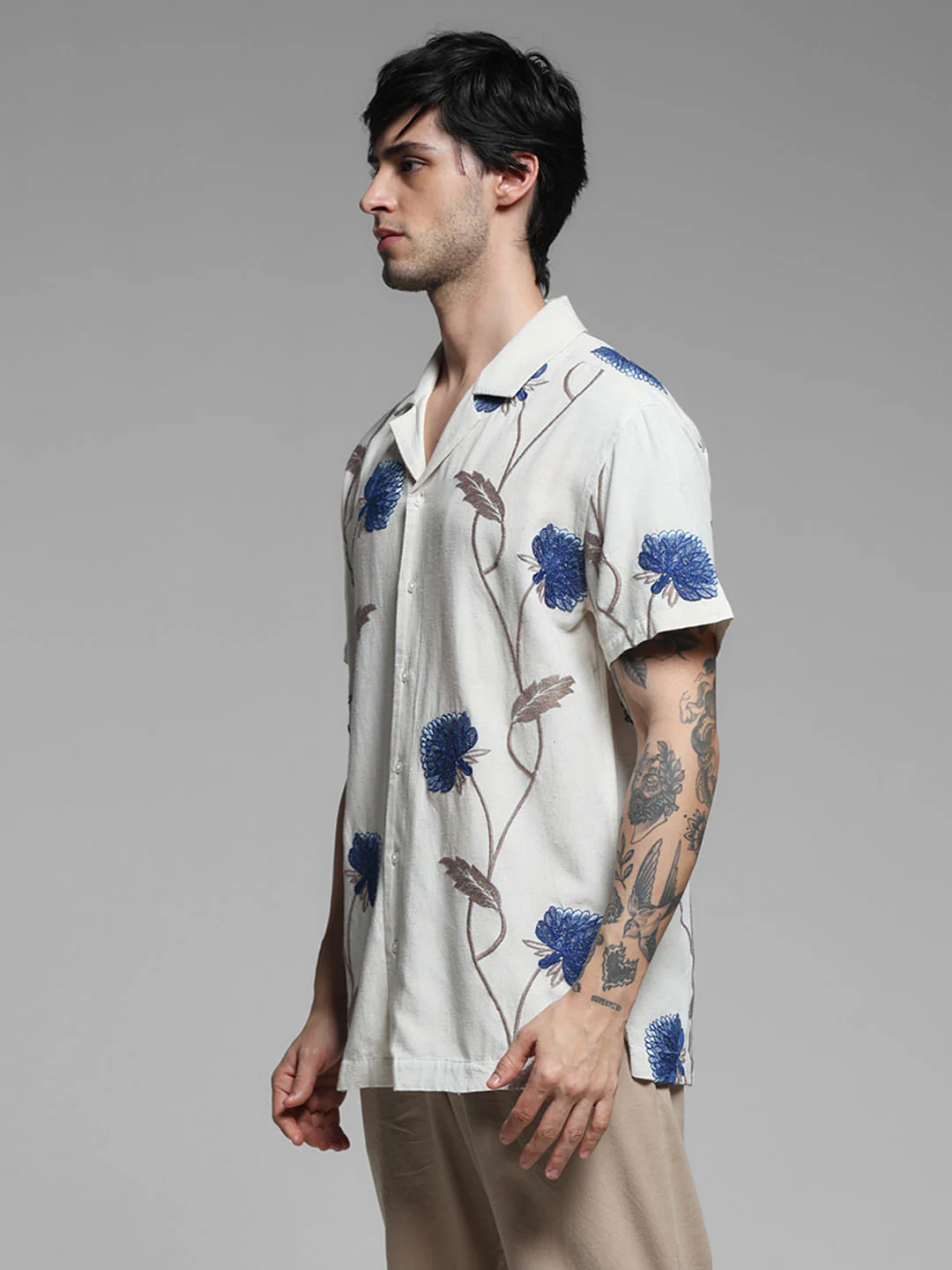 Light Brown Linen Floral Shirt - Image 3