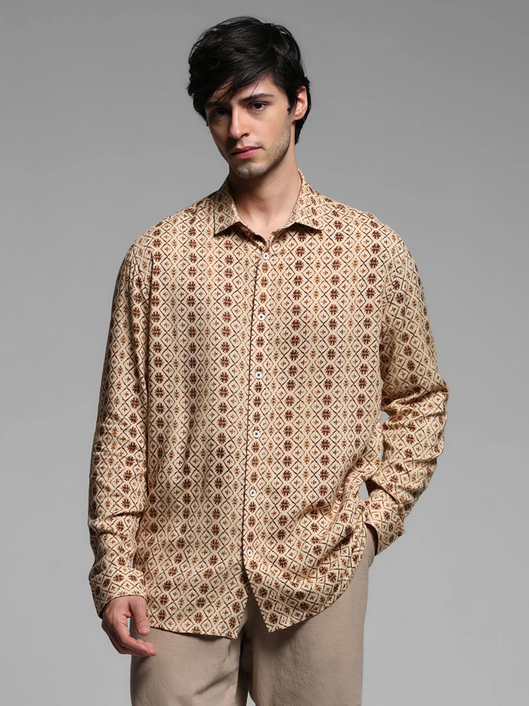 Brown Printed Linen Full Sleeves Shirt - Image 2