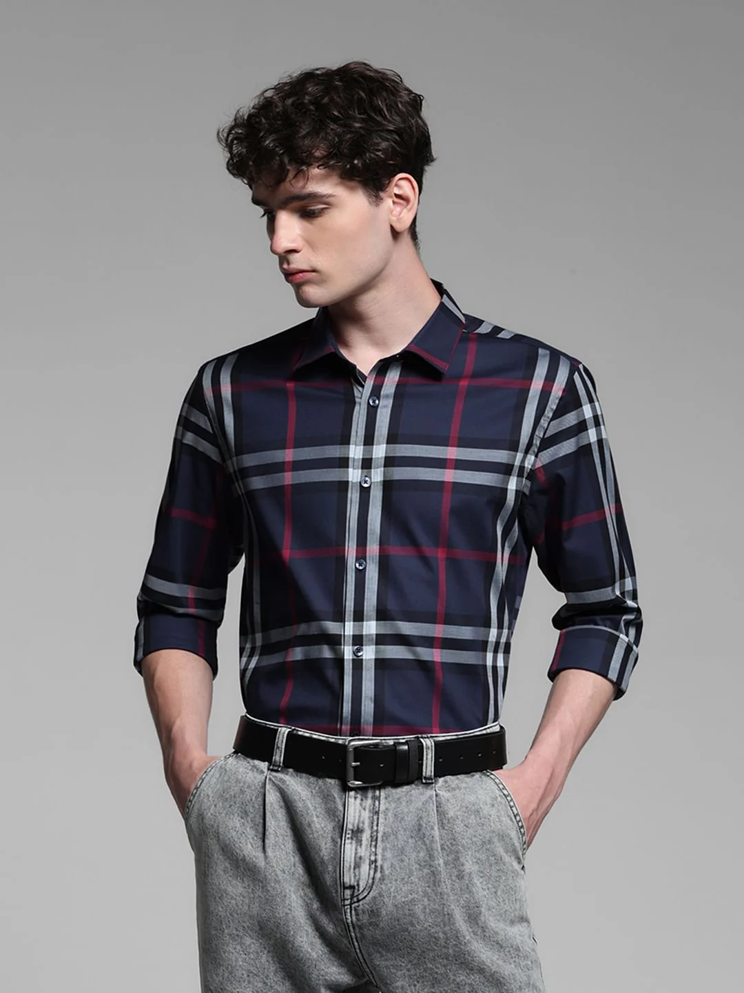 Navy Blue Check Stretch Shirt