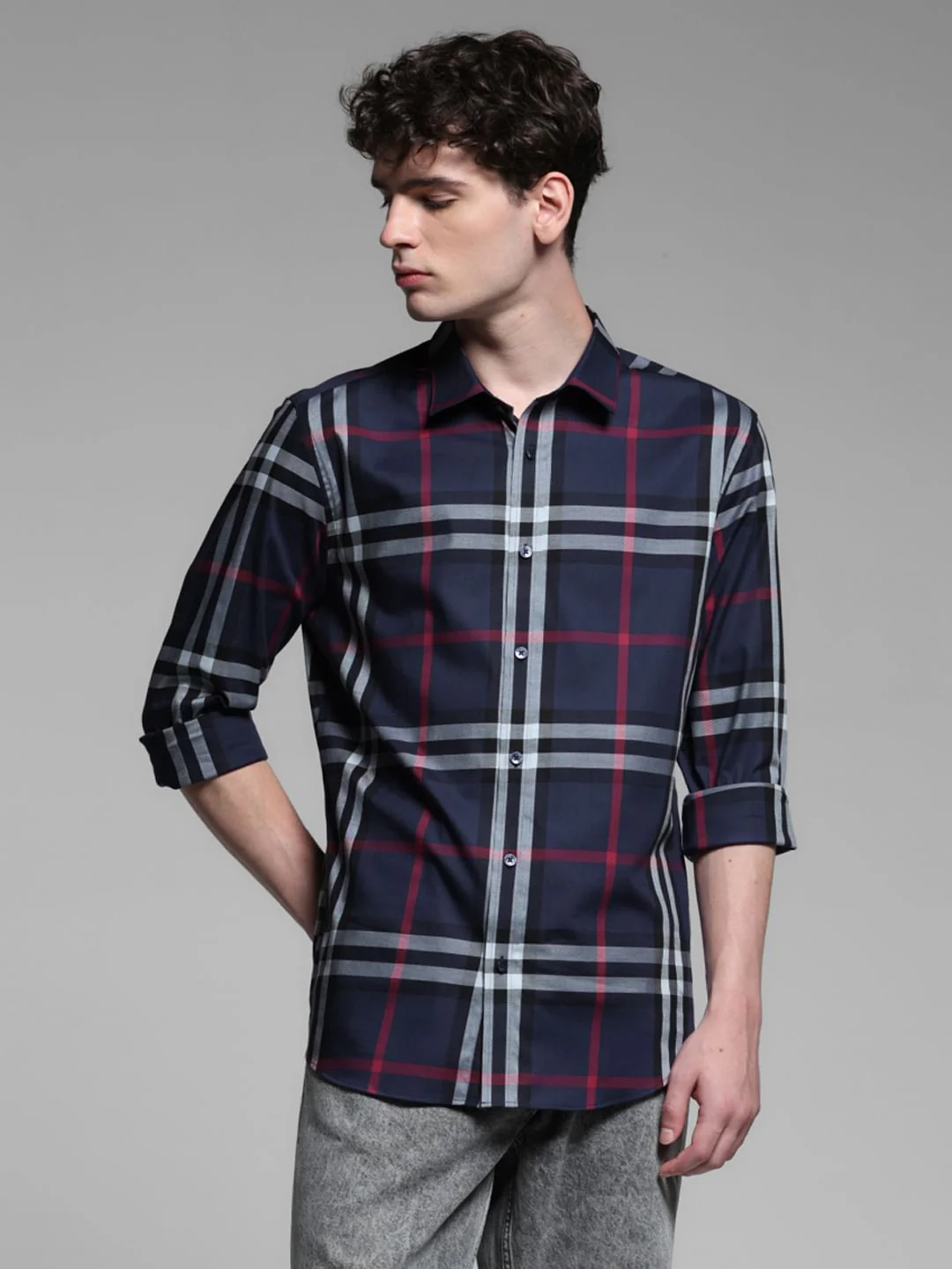 Navy Blue Check Stretch Shirt - Image 2