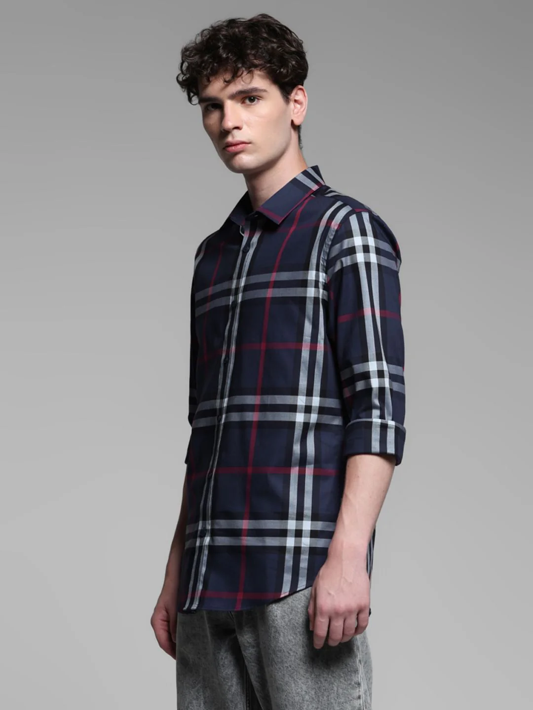 Navy Blue Check Stretch Shirt - Image 3