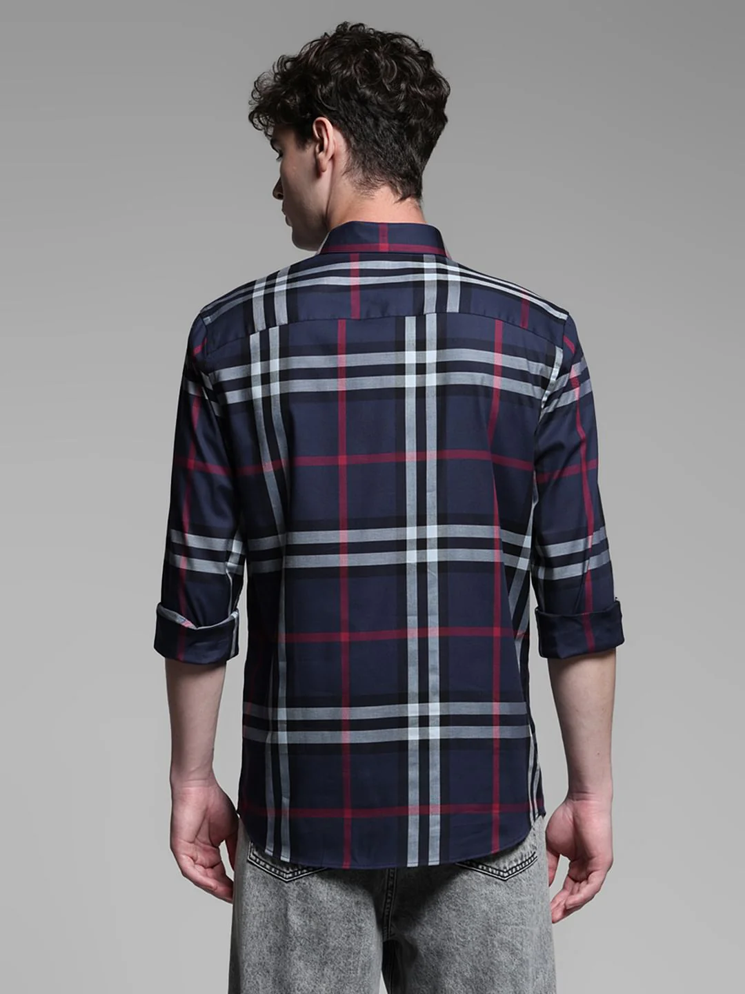 Navy Blue Check Stretch Shirt - Image 4