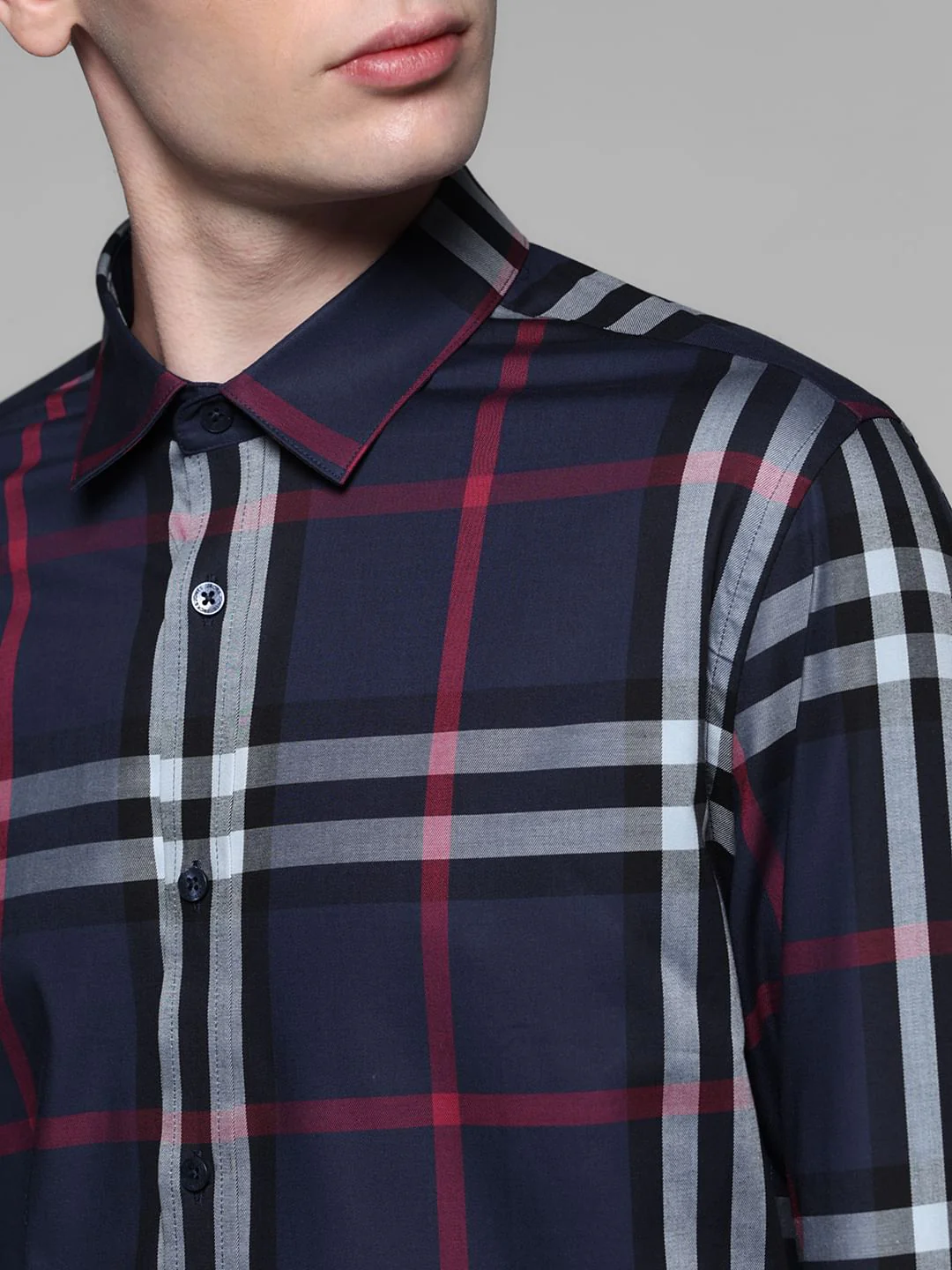 Navy Blue Check Stretch Shirt - Image 5
