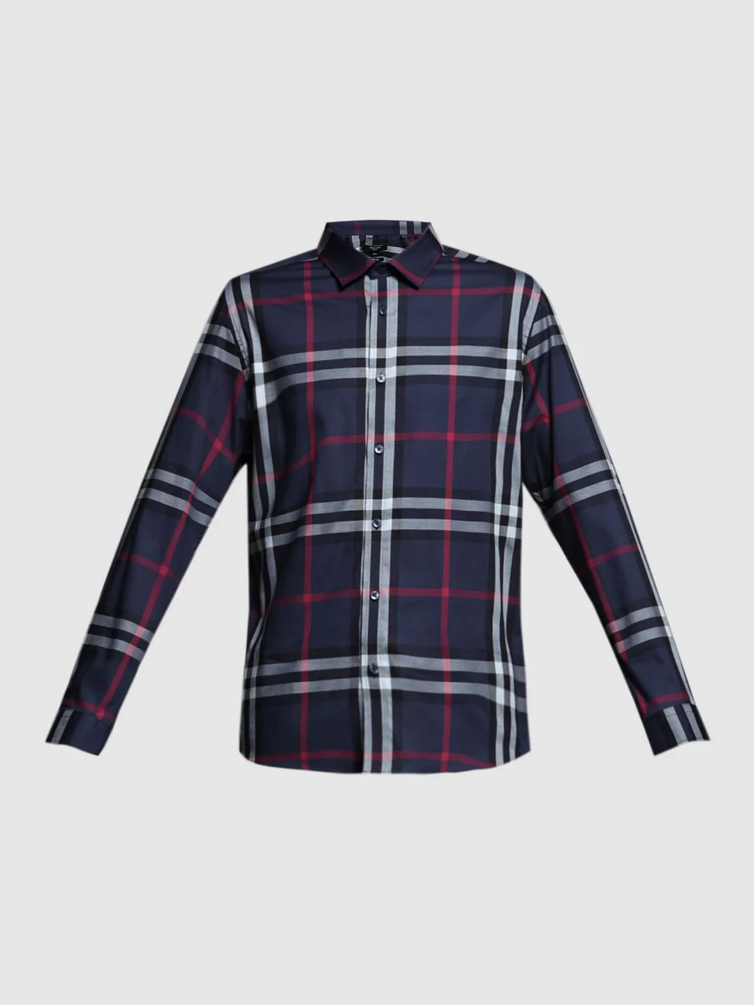 Navy Blue Check Stretch Shirt - Image 7