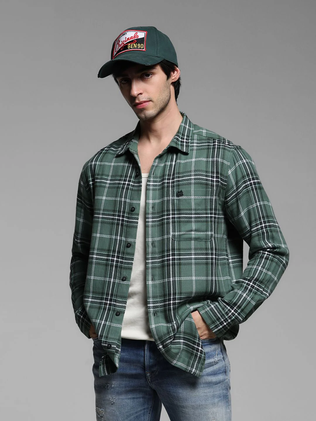Green Check Cotton Full Sleeves Shirt