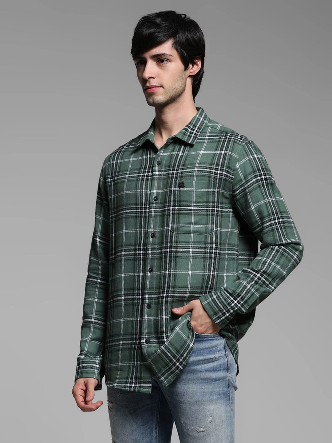 Green Check Cotton Full Sleeves Shirt - Image 3