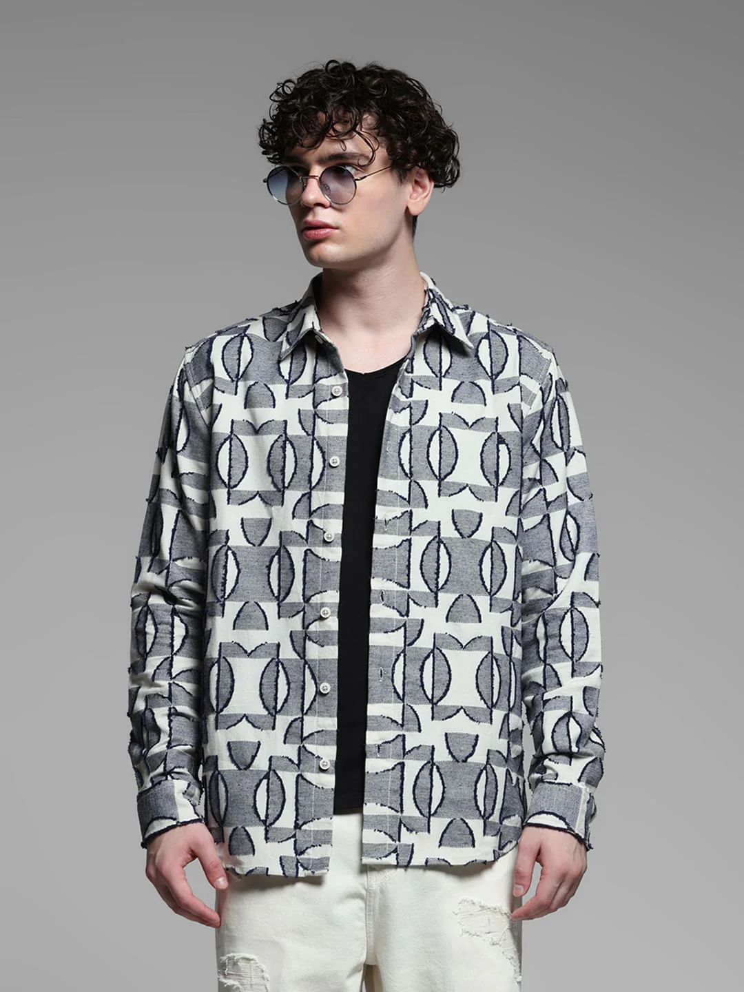 Grey Jacquard Printed Cotton Shirt