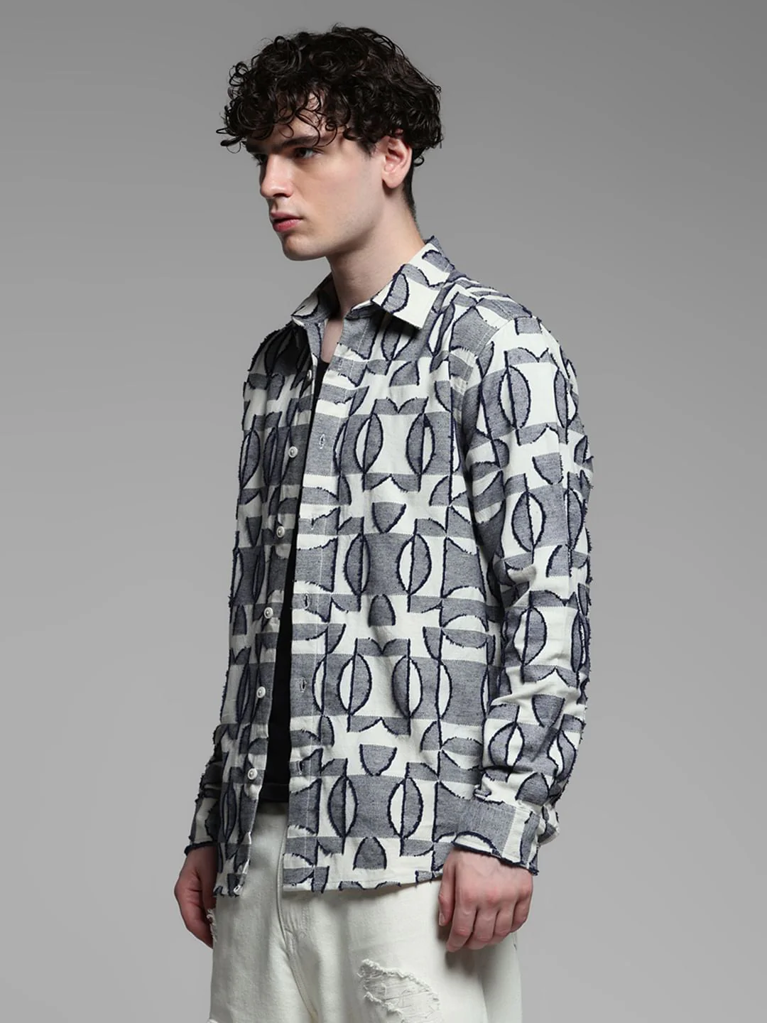 Grey Jacquard Printed Cotton Shirt - Image 3