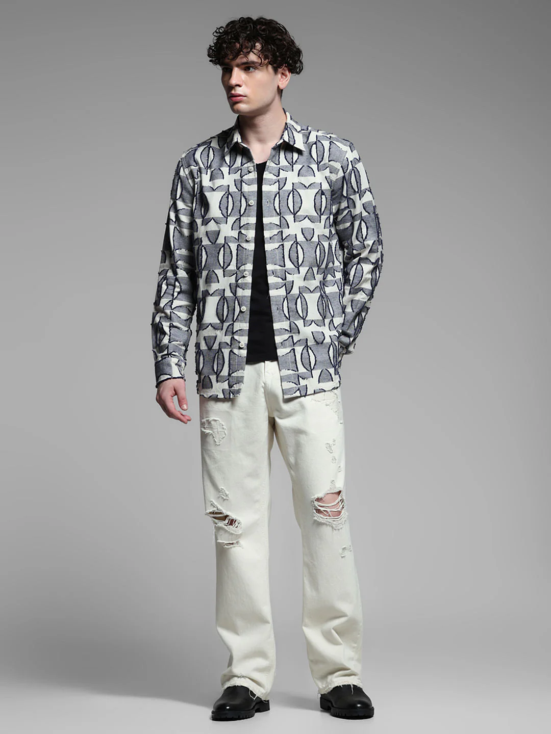 Grey Jacquard Printed Cotton Shirt - Image 6