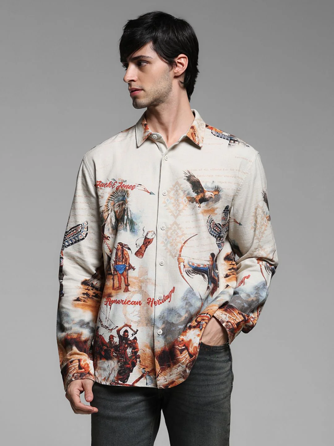 Brown Printed Cotton Full Sleeves Shirt - Image 2