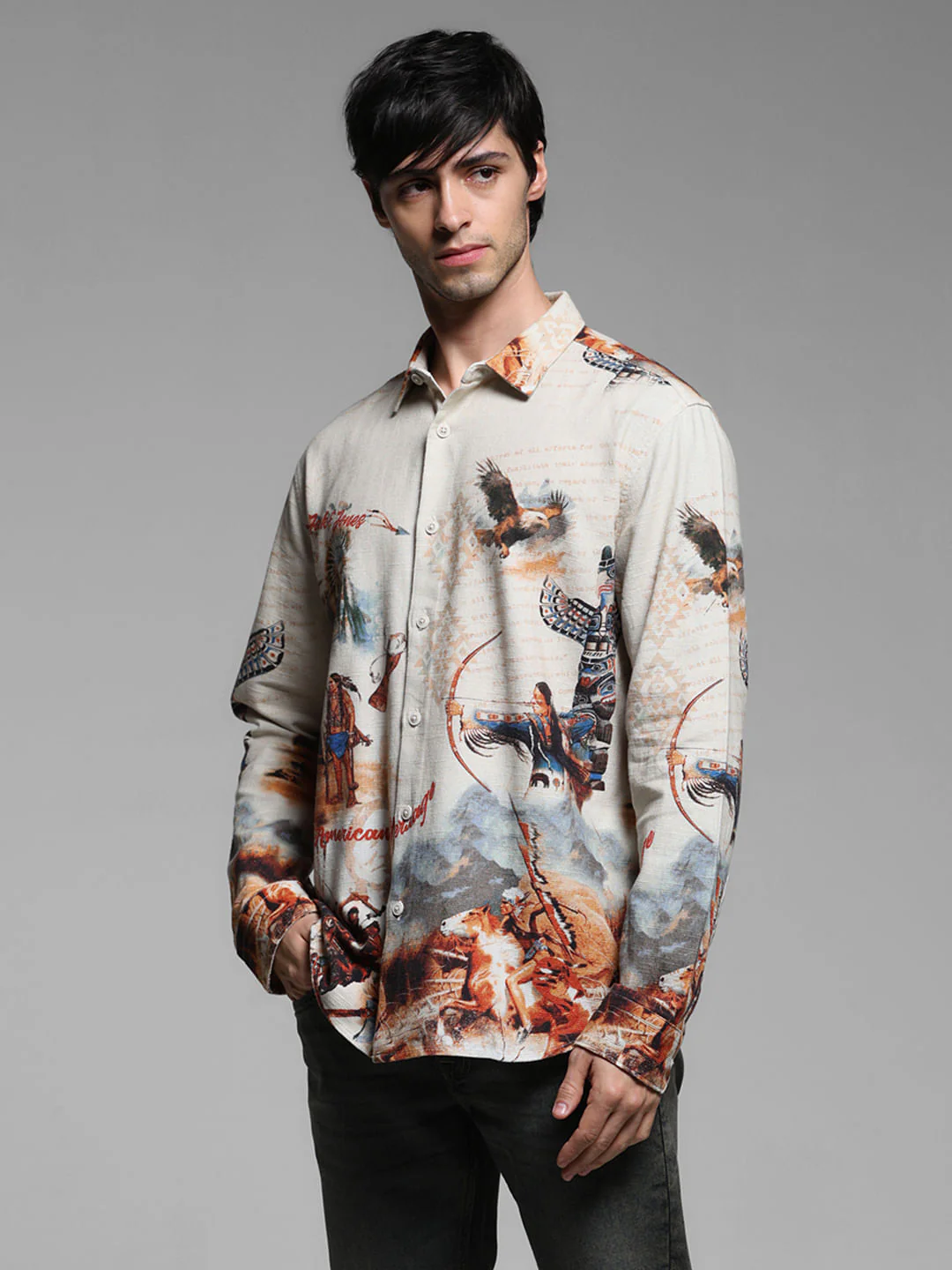 Brown Printed Cotton Full Sleeves Shirt - Image 3