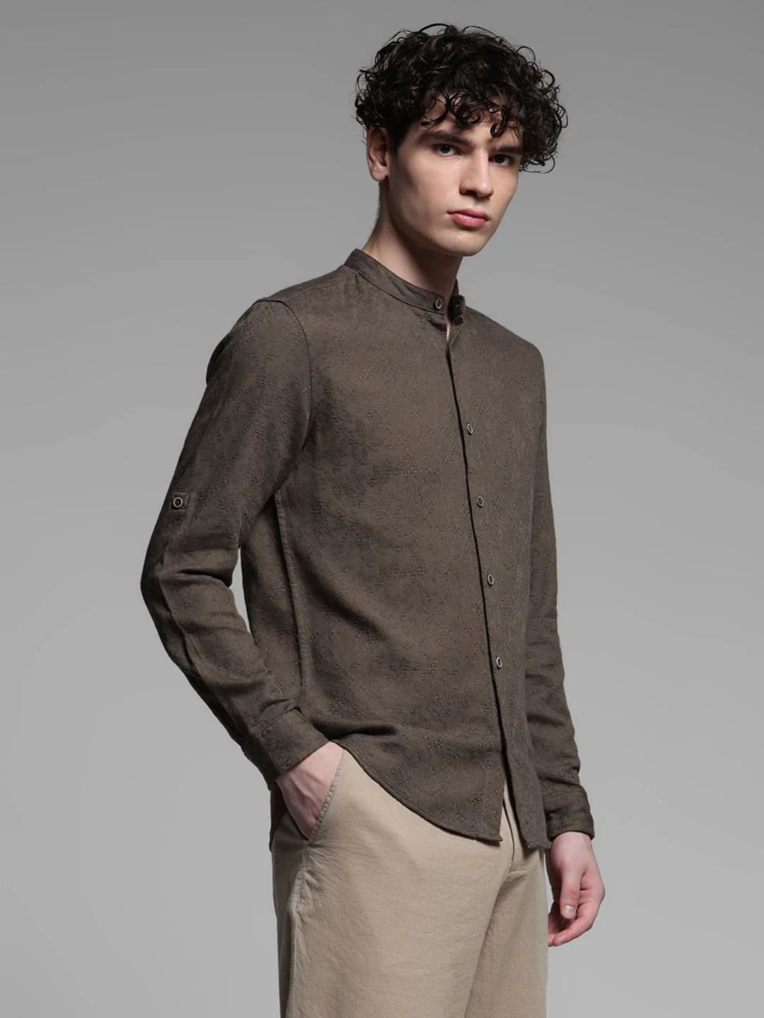 Dark Brown Jacquard Cotton Shirt - Image 3