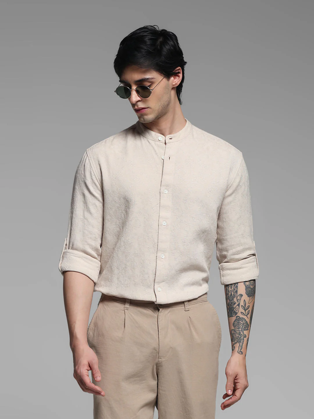 Beige Jacquard Full Sleeves Shirt