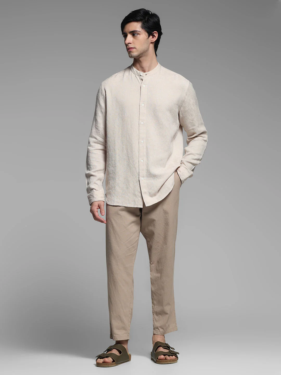 Beige Jacquard Full Sleeves Shirt - Image 6