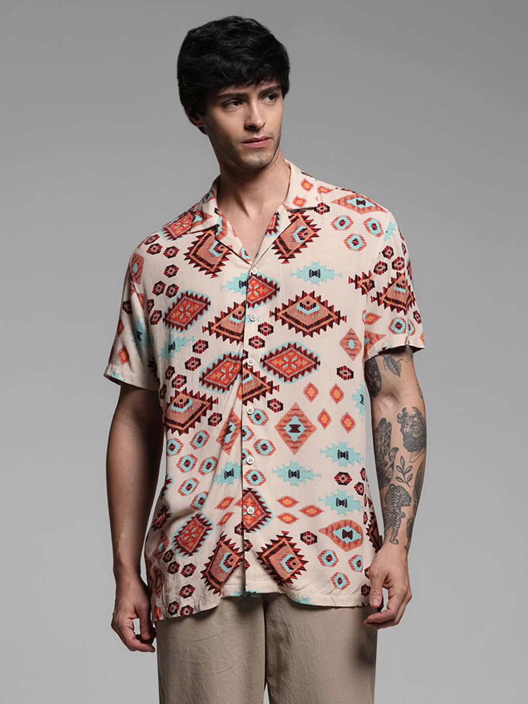 Brown Crepe Printed Short Sleeves Shirt - Image 2