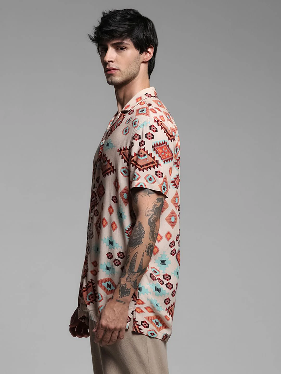 Brown Crepe Printed Short Sleeves Shirt - Image 3