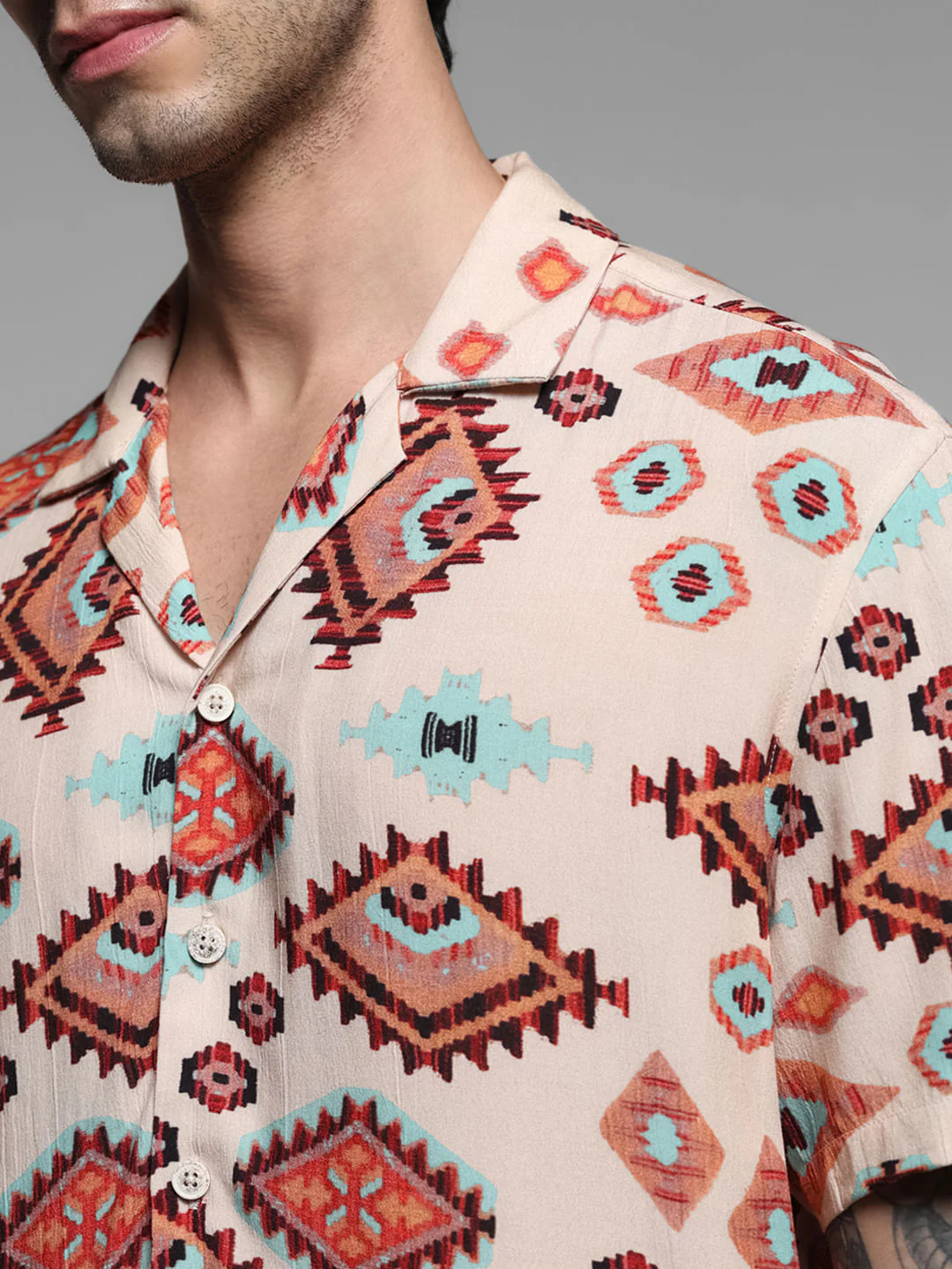 Brown Crepe Printed Short Sleeves Shirt - Image 5