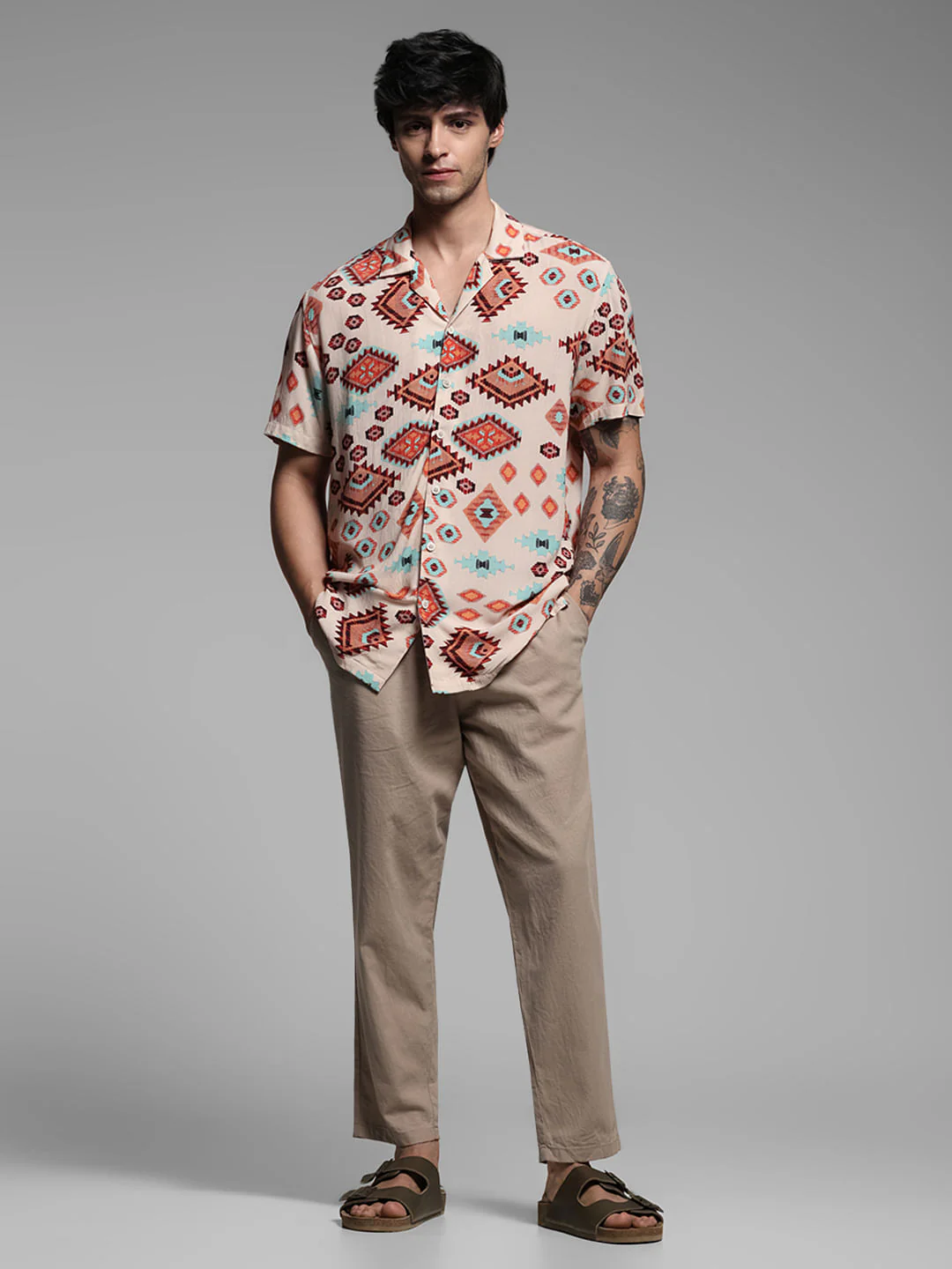 Brown Crepe Printed Short Sleeves Shirt - Image 6