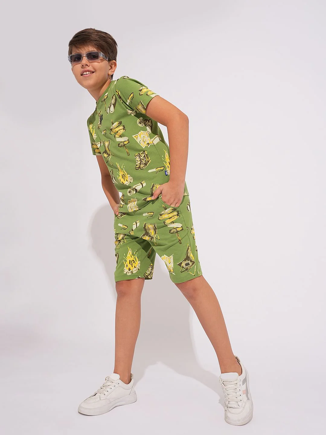 Boys Green Camp Tools Print Co-ord Set Shorts