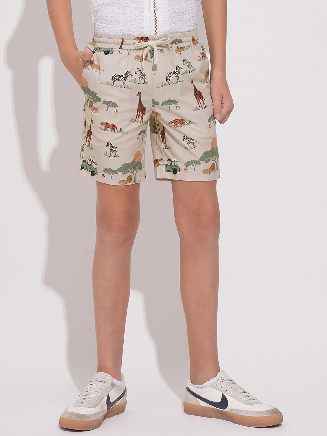 Boys Beige Safari Print Cotton Shorts - Image 2