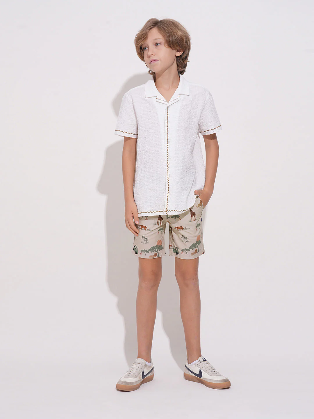 Boys Beige Safari Print Cotton Shorts - Image 5