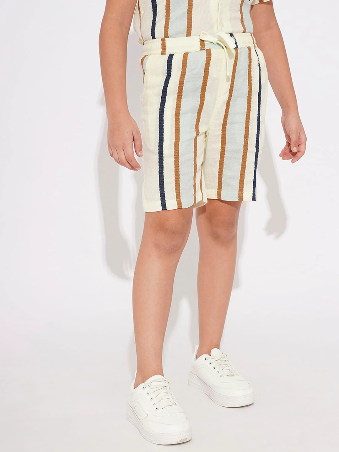 Beige Dobby Striped Co-ord Set Shorts - Image 2