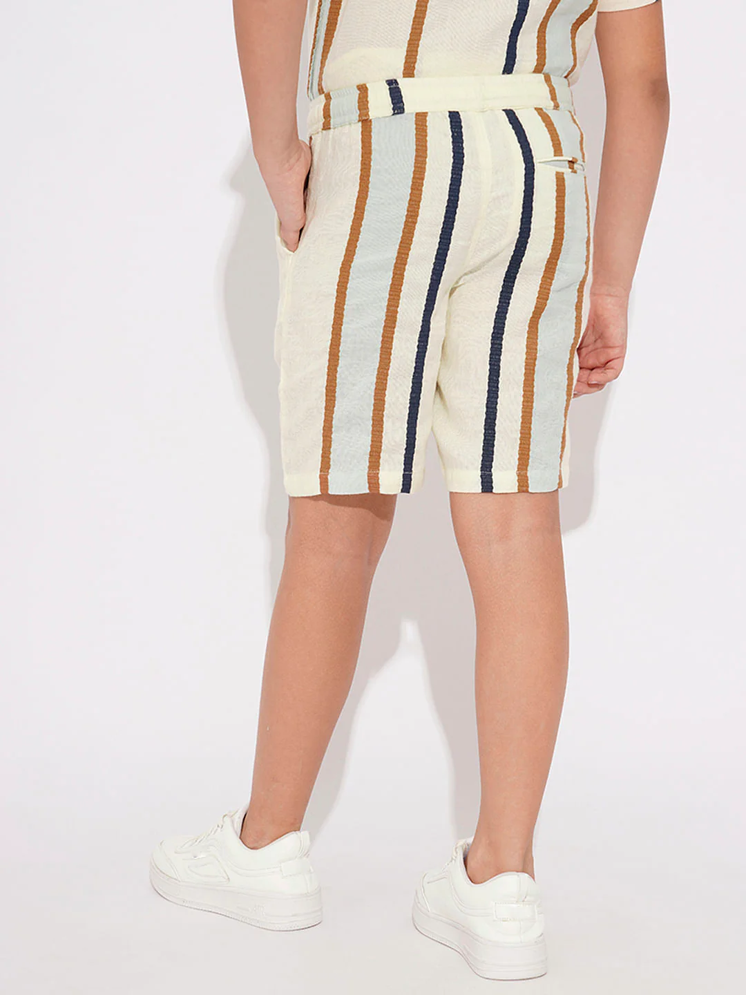 Beige Dobby Striped Co-ord Set Shorts - Image 4