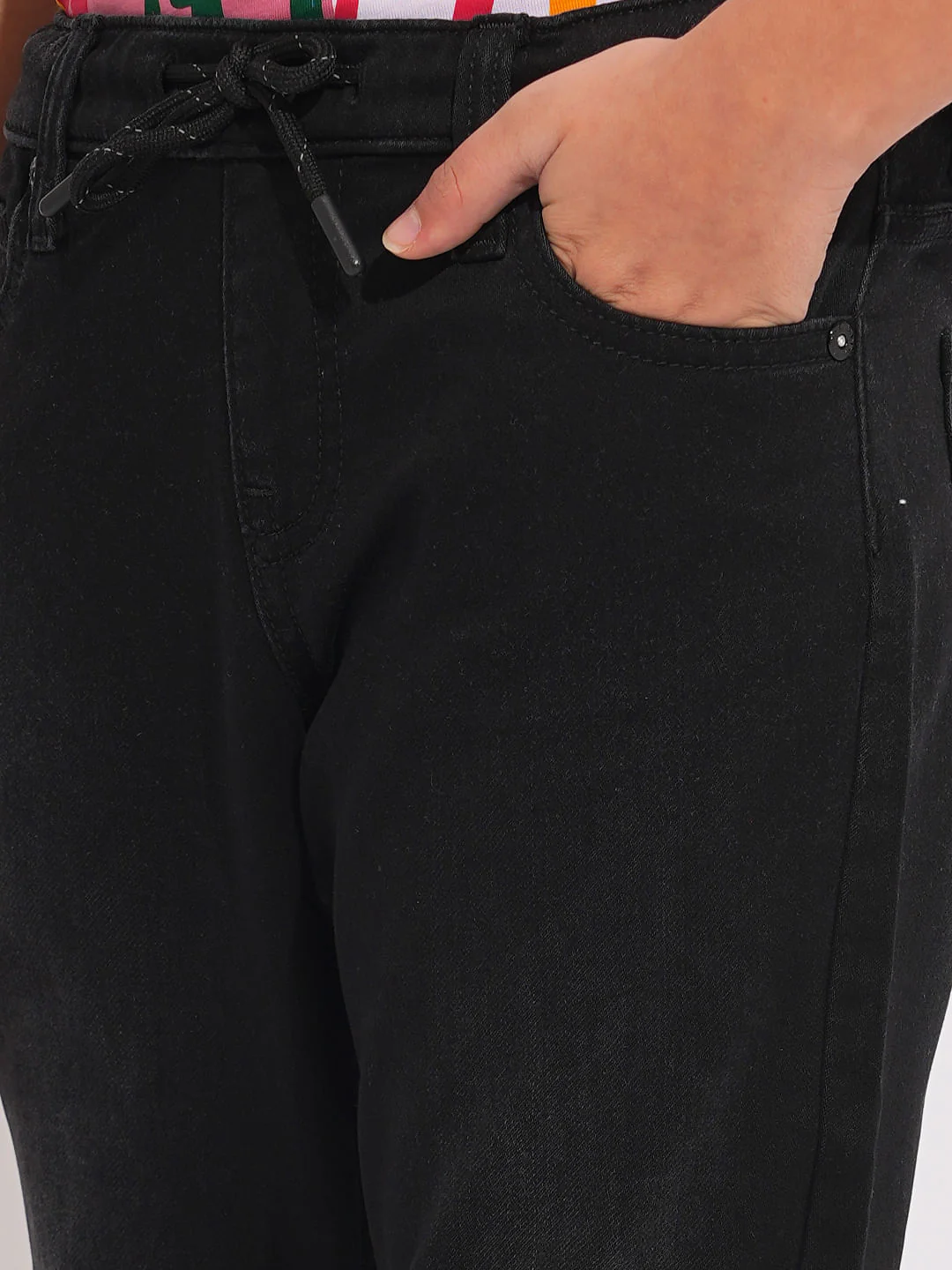 Black Knitted Drawstring Regular Fit Jeans - Image 6