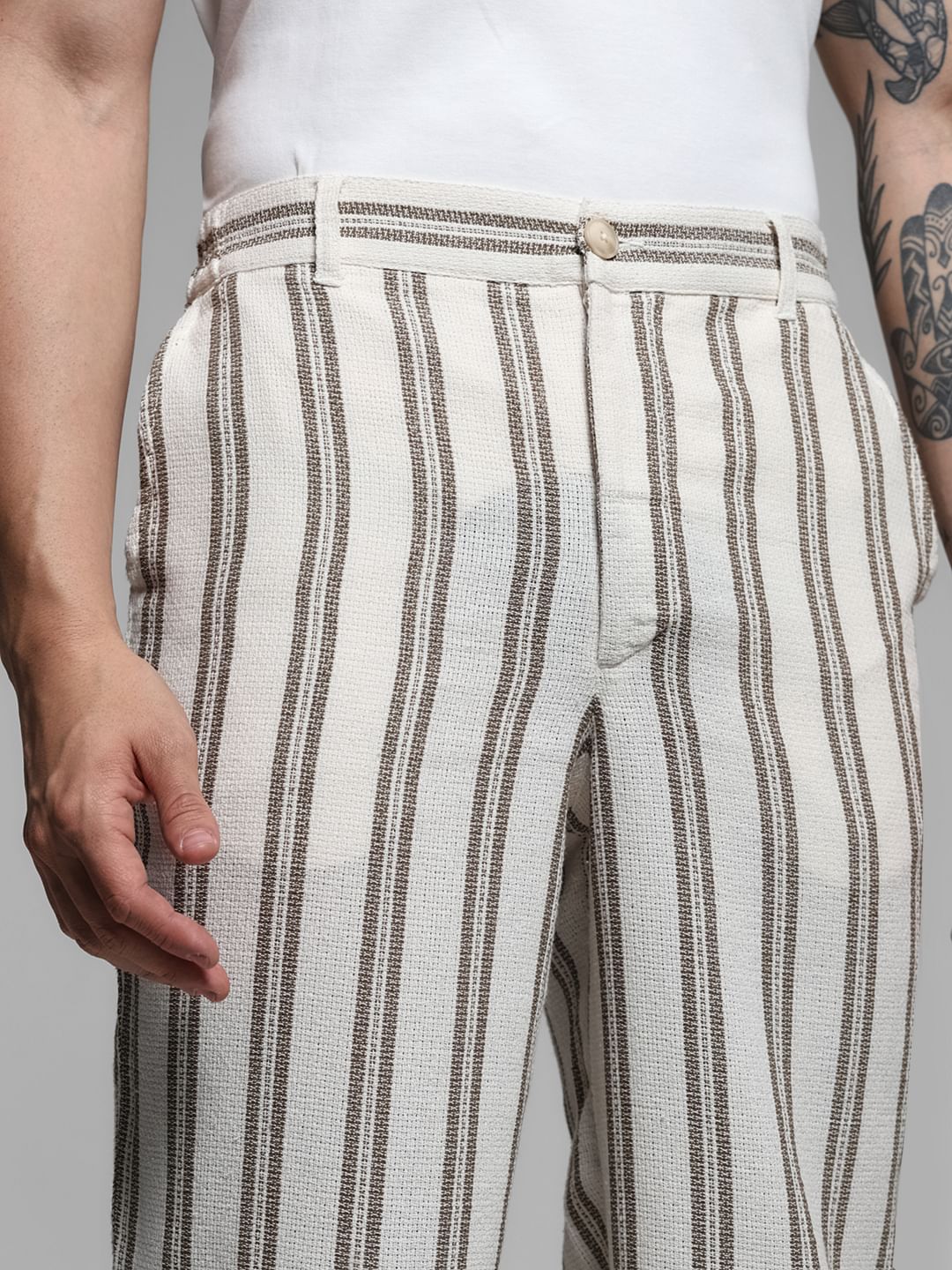 Beige Mid Rise Striped Pants - Image 4