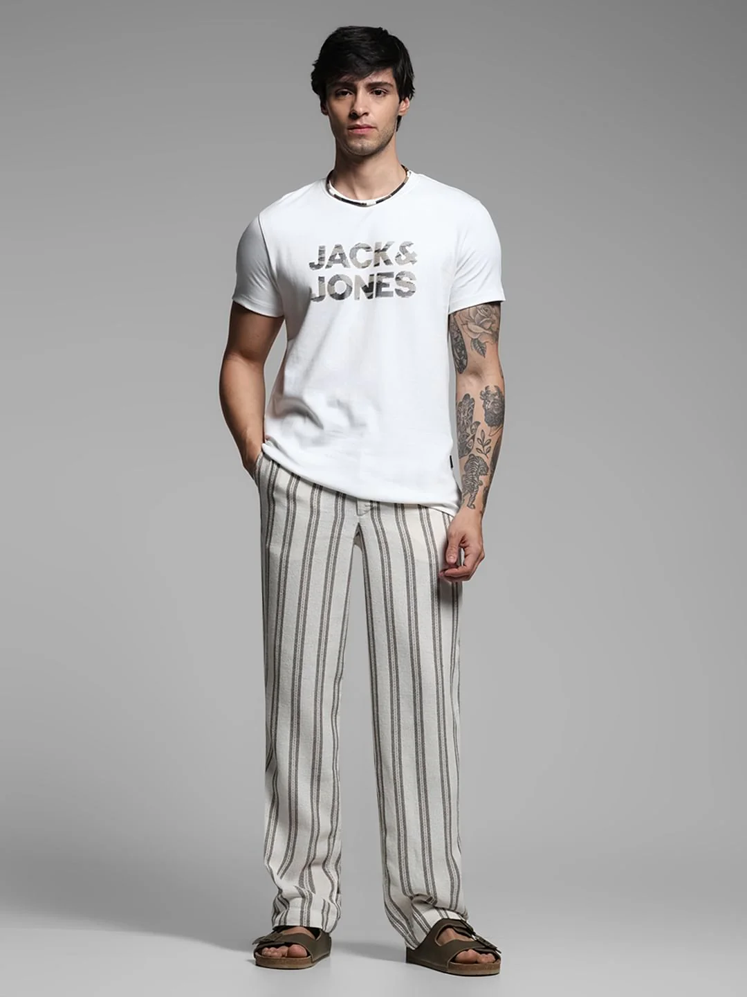 Beige Mid Rise Striped Pants - Image 6