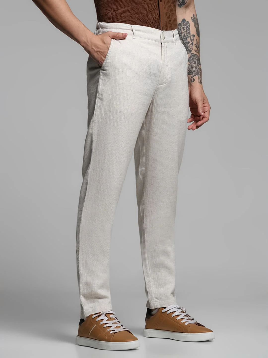 Beige Mid Rise Cotton-Linen Pants - Image 2