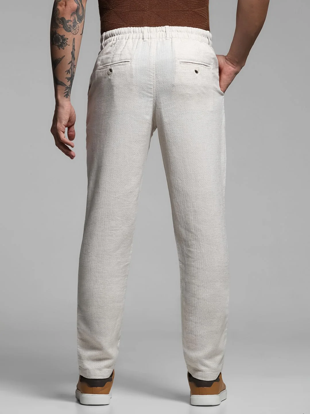 Beige Mid Rise Cotton-Linen Pants - Image 3