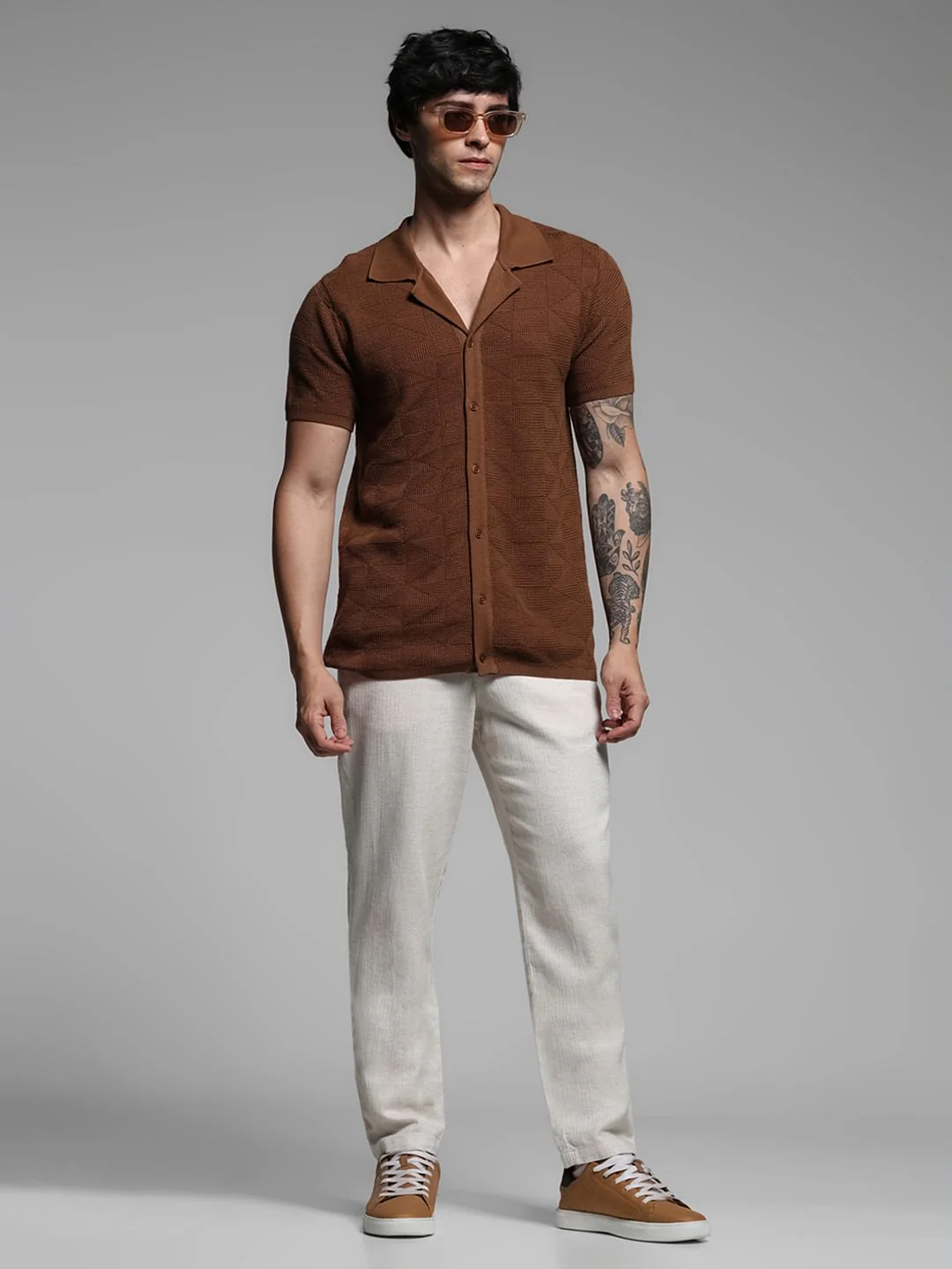 Beige Mid Rise Cotton-Linen Pants - Image 6