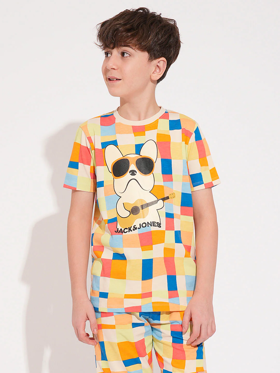 Boys Beige Check Co-ord Set T-shirt - Image 2