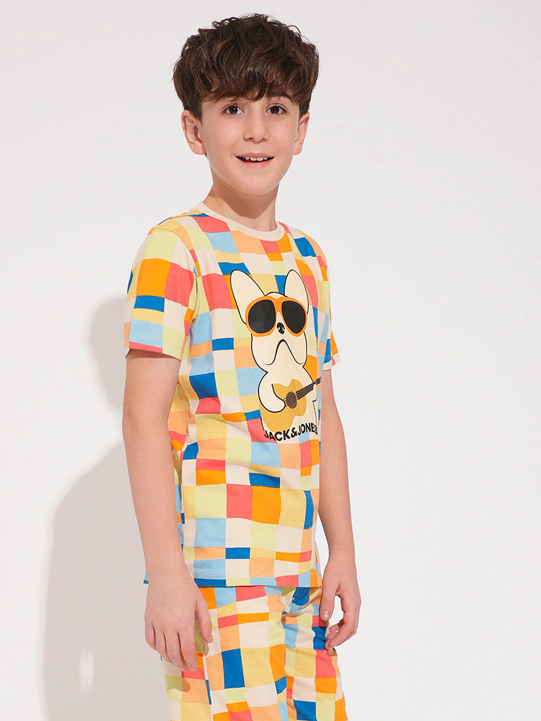 Boys Beige Check Co-ord Set T-shirt - Image 3