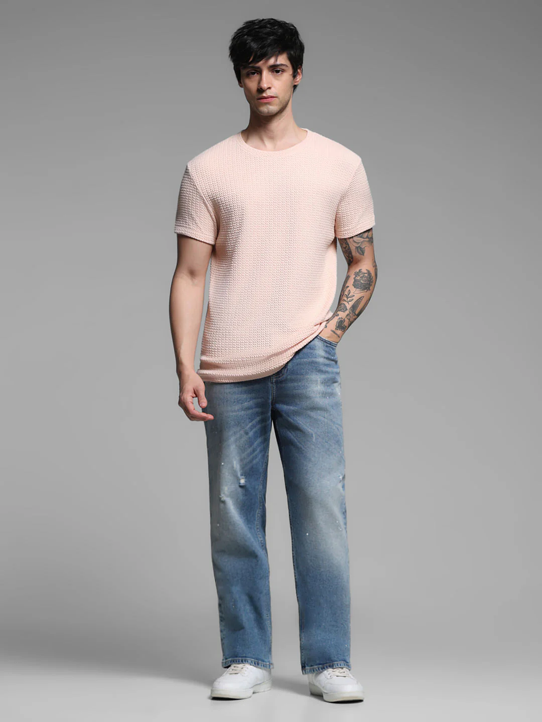 Pink Jacquard Crew Neck T-shirt - Image 6